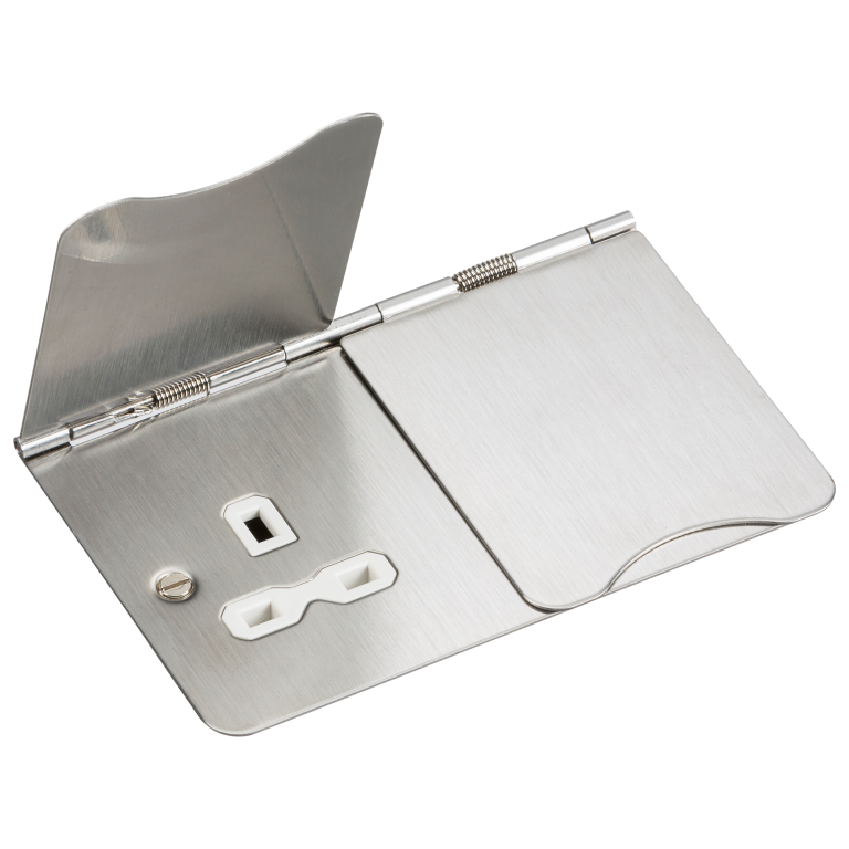 Socket, 2G Unswitched Floor, c/w White Insert Flat Plate