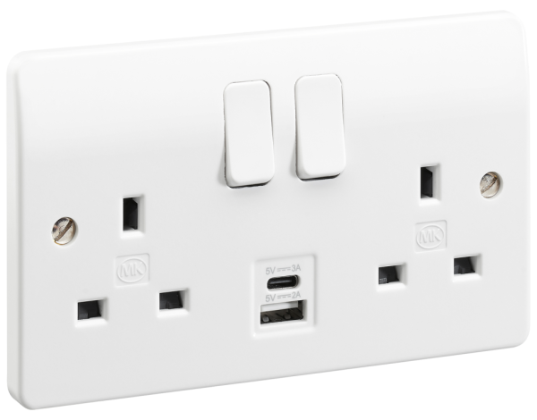 Socket, 2 Gang Switched DP, c/w 2 Port USB A+C Charger