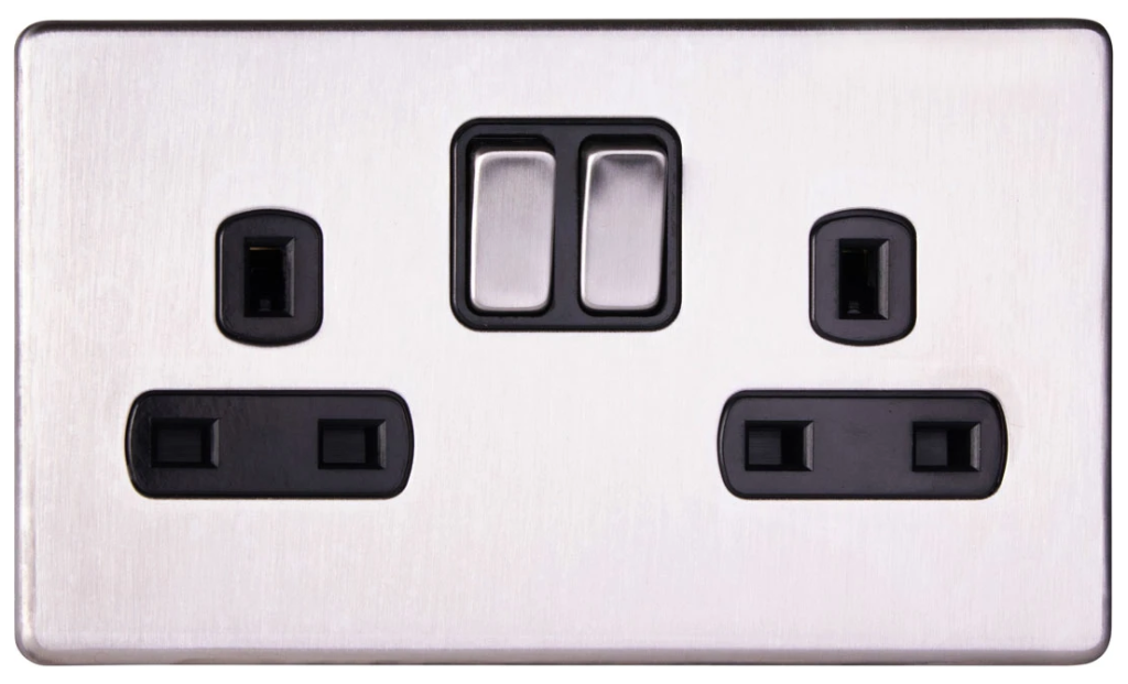 Socket, 2 Gang DP Switched, c/w Black Insert