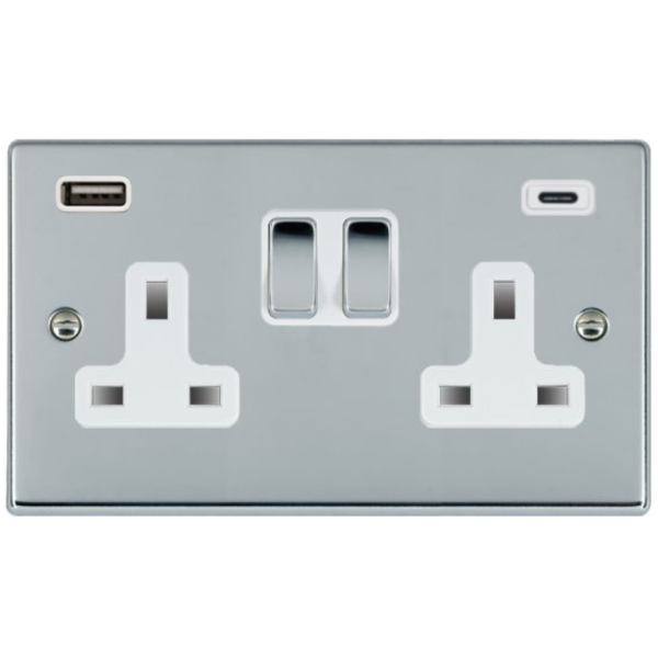 Socket, 2G DP Switched c/w USB+C Outlets, 2x2.4A White Insert