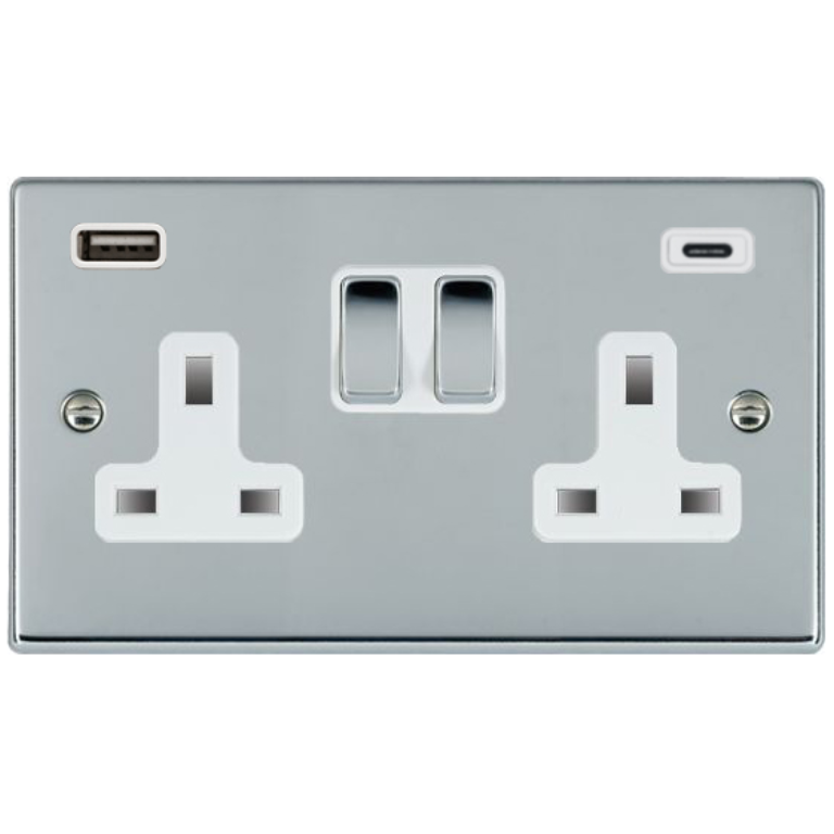 Socket, 2G DP Switched c/w USB+C Outlets, 2×2.4A White Insert