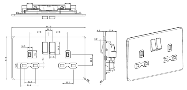Socket, Switched Screwless 2 Gang DP, c/w Black Insert - Image 2