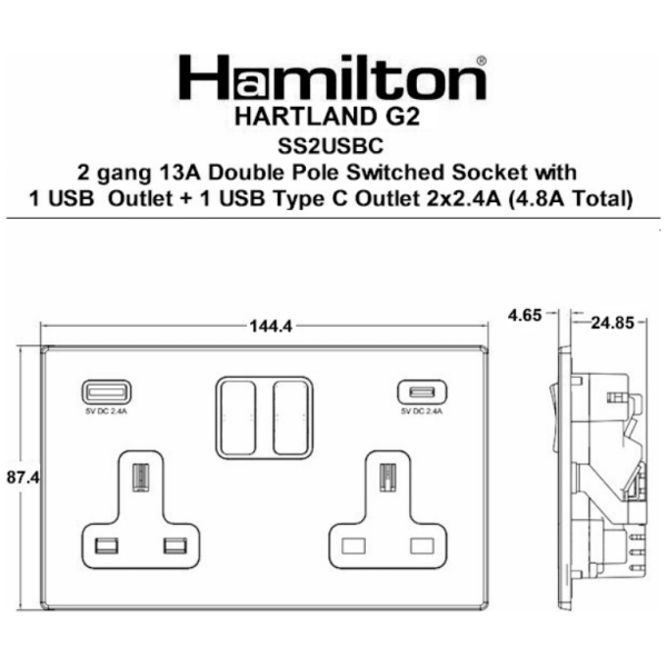 Socket, 2G DP Switched c/w USB+C Outlets, White Insert - Image 2