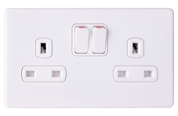Socket, 2 Gang DP Switched, c/w White Insert