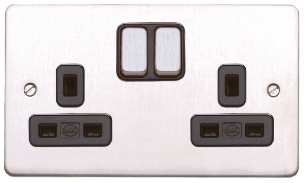 Socket, 2 Gang Switched DP Dual Earth, Black Inserts