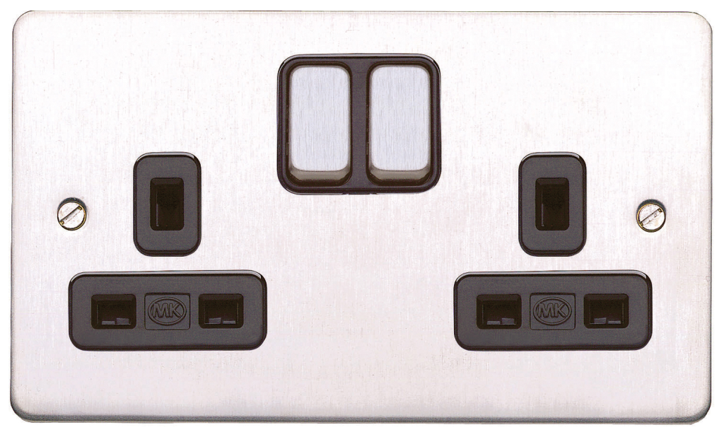 Socket, 2 Gang Switched DP Dual Earth, Black Inserts