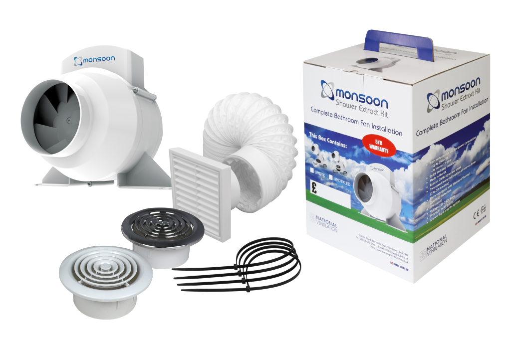 Shower Fan Kit, UMD100T 2x Air Diffuser, c/w 6m Ducting & External Grille