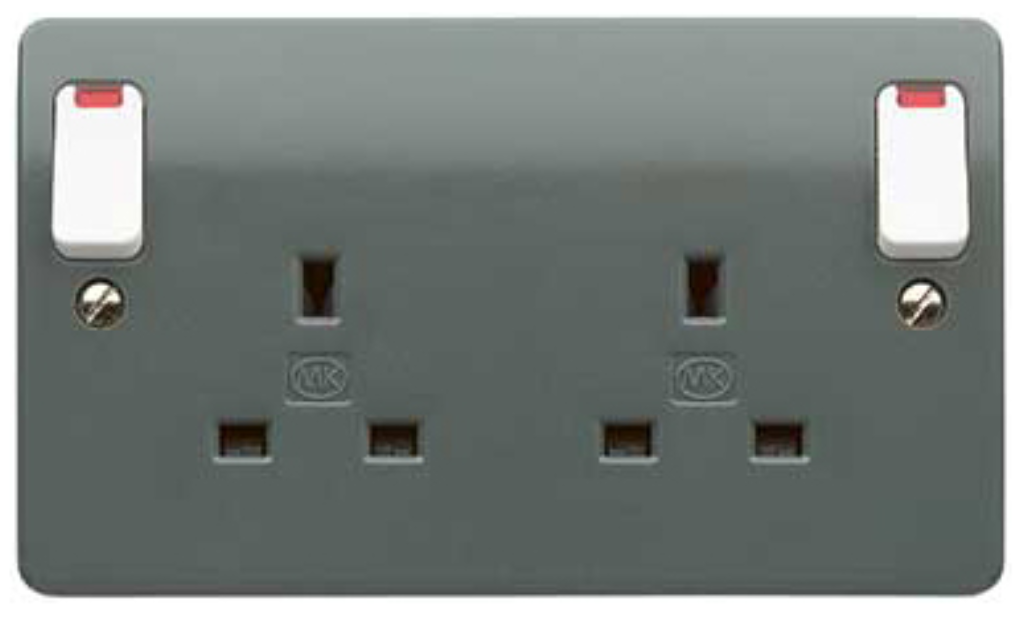 Socket, 2 Gang Switched DP Dual Earth Neon, Outboard Rocker