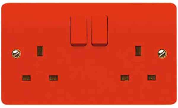 Socket, 2 Gang Switched DP, Red Rockers & Plate