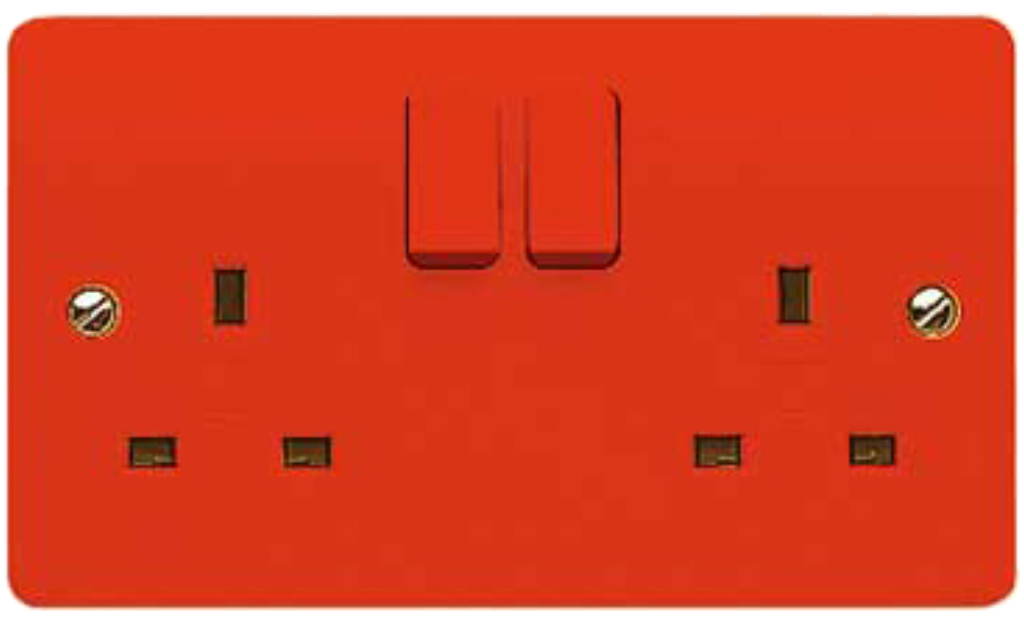 Socket, 2 Gang Switched DP, Red Rockers & Plate