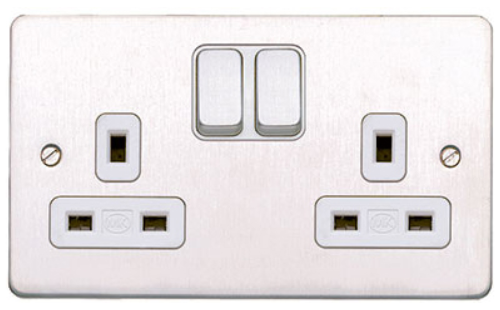 Socket, 2 Gang Switched DP Dual Earth, White Inserts