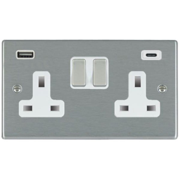 Socket, 2G DP Switched c/w USB+C Outlets, 2x2.4A White Insert