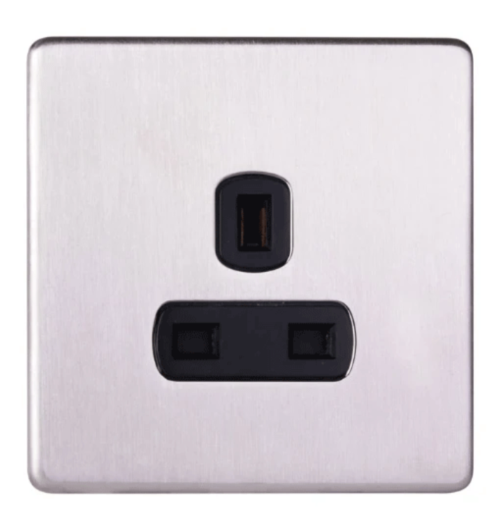 Socket, 1 Gang Unswitched Round Pin, c/w Black Insert