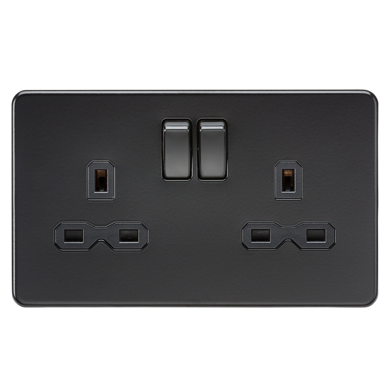 Socket, Switched Screwless 2 Gang DP, c/w Black Insert