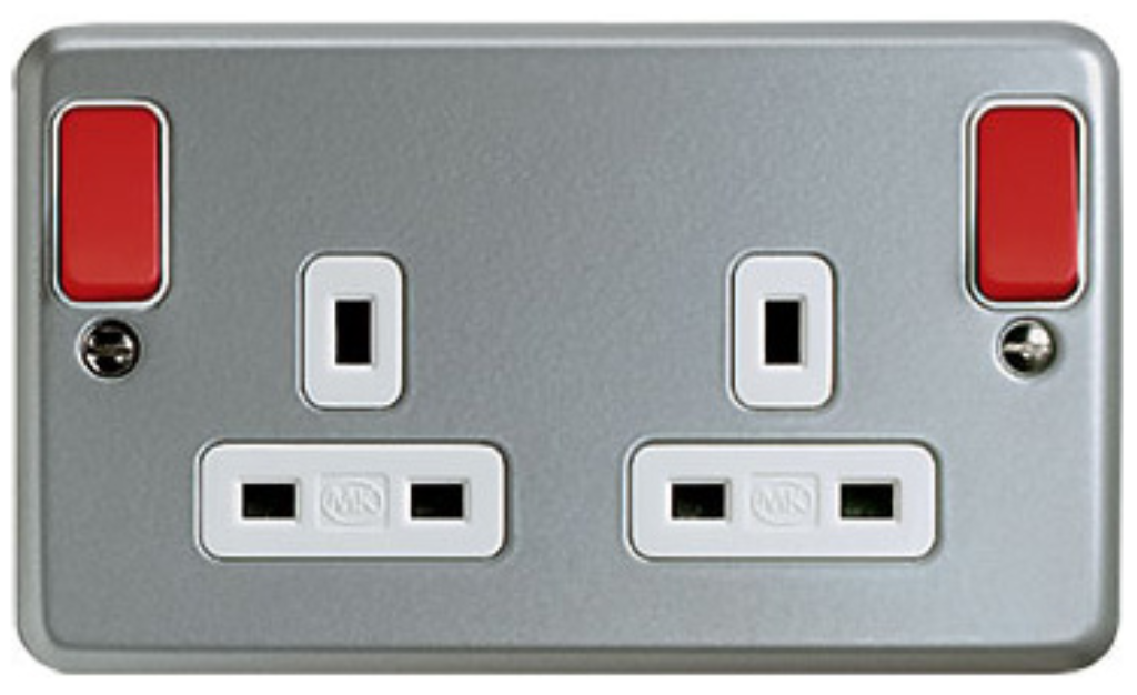 Socket, 2 Gang Switched DP Dual Earth, Red Rockers