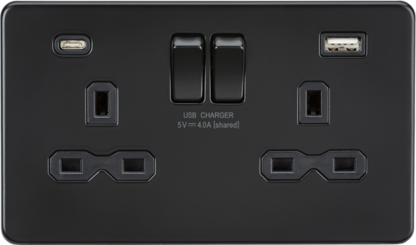 Socket, 2G SP Switched Screwless Flat Plate, Dual USB A+C c/w Black Insert