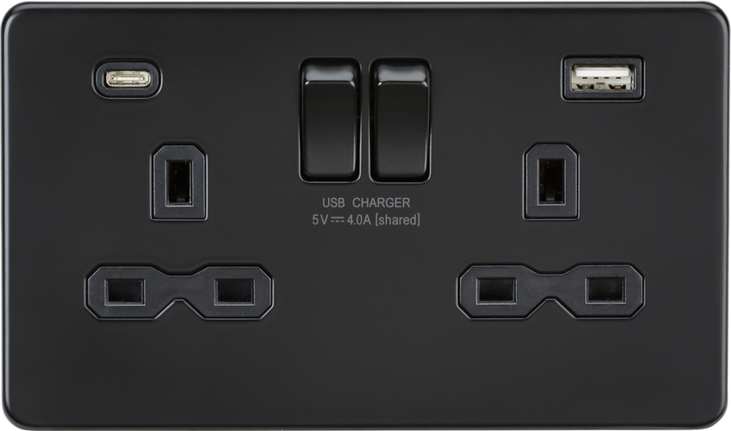 Socket, 2G SP Switched Screwless Flat Plate, Dual USB A+C c/w Black Insert