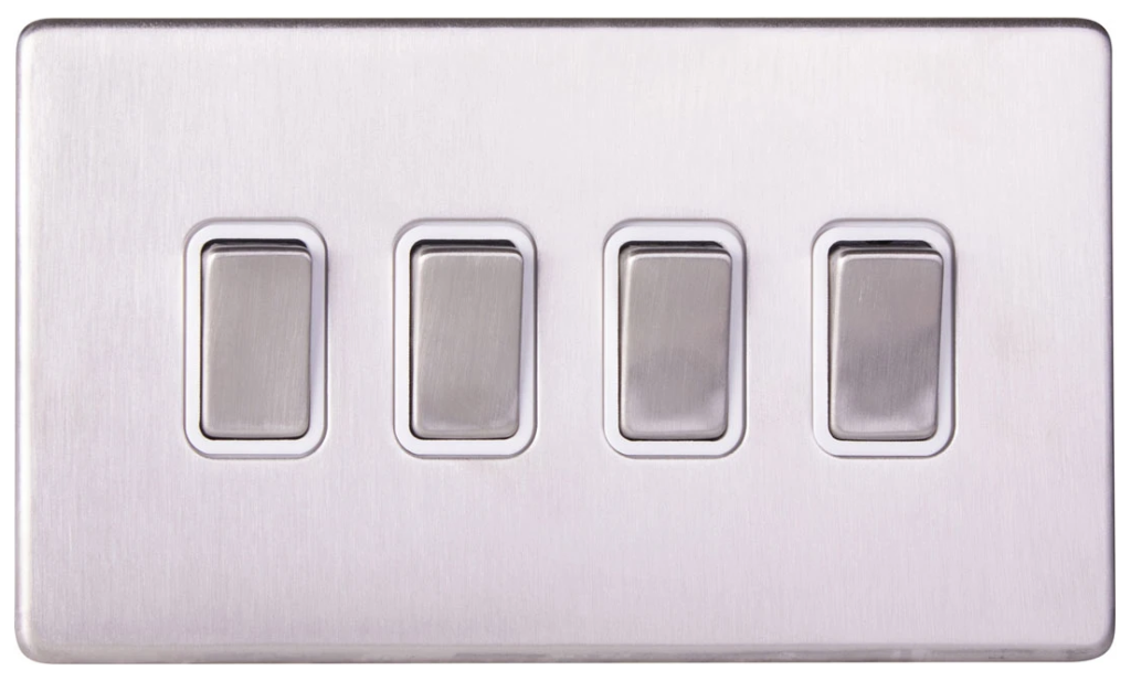 Plate Switch, 4 Gang 2 Way, c/w White Insert