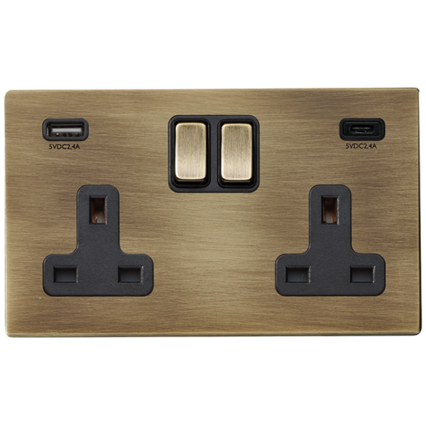 Socket, 2G DP Switched c/w USB+C Outlets, White Insert