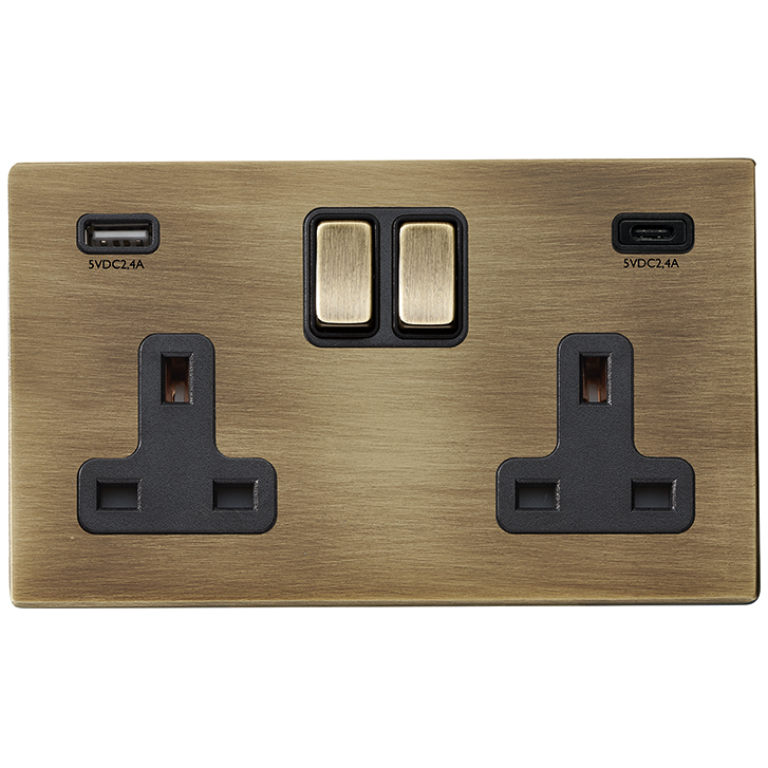Socket, 2G DP Switched c/w USB+C Outlets, White Insert
