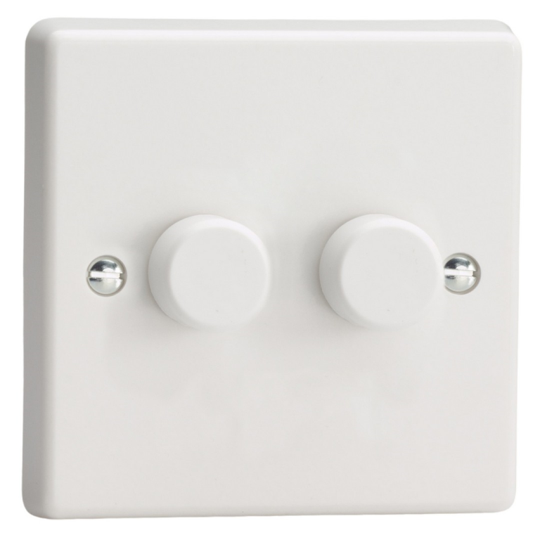 Dimmer Switch, 2 Gang 2 Way Push-On/Off, White Knob