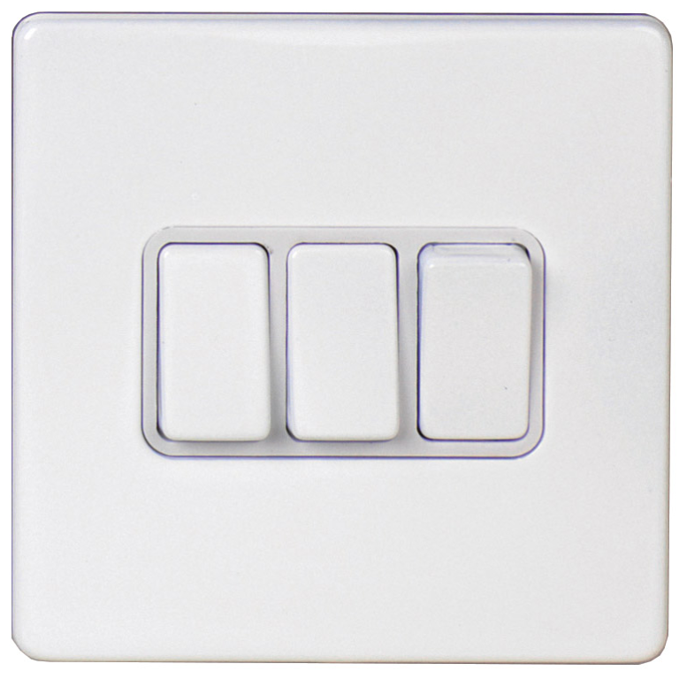 Plate Switch, 3 Gang 2 Way, c/w White Insert