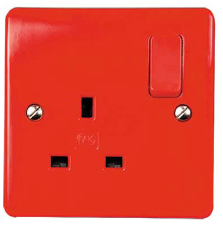 Socket, 1 Gang Switched DP Dual Earth, Red Rockers & Plate