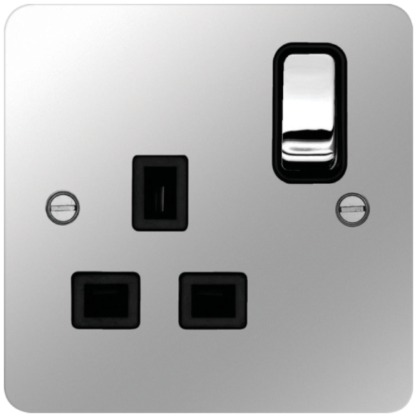 Socket, 1 Gang DP Switched, c/w Black Insert