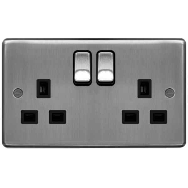 Socket, 2 Gang DP Switched Dual Earth, c/w Black Insert