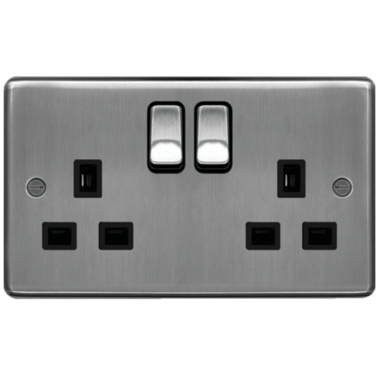Socket, 2 Gang DP Switched Dual Earth, c/w Black Insert