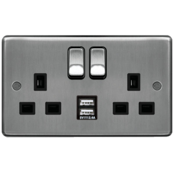 Socket, 2 Gang DP Switched Dual Earth, c/w 2x2.4A USBs & Black Insert