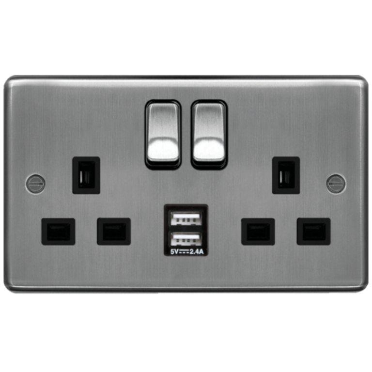 Socket, 2 Gang DP Switched Dual Earth, c/w 2×2.4A USBs & Black Insert