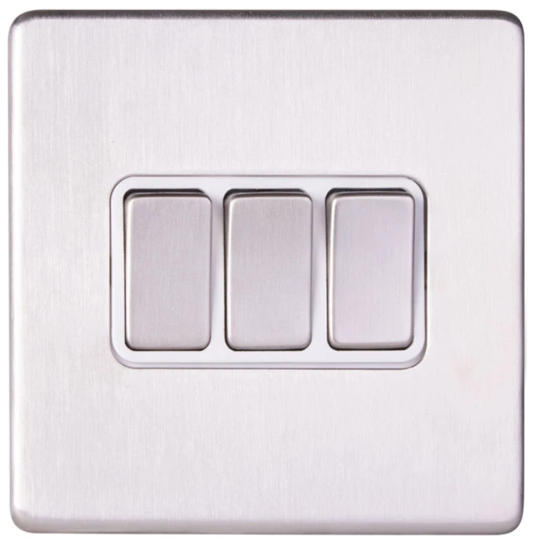 Plate Switch, 3 Gang 2 Way, c/w White Insert