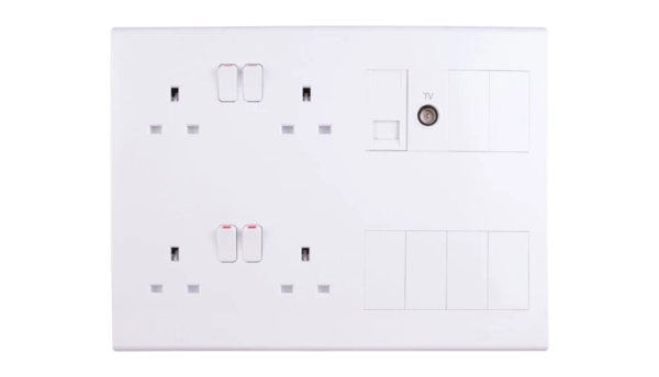 Media Plate, 2x2Gang Switched Sockets, c/w Coax&BT Sec & 6 Blank Modules