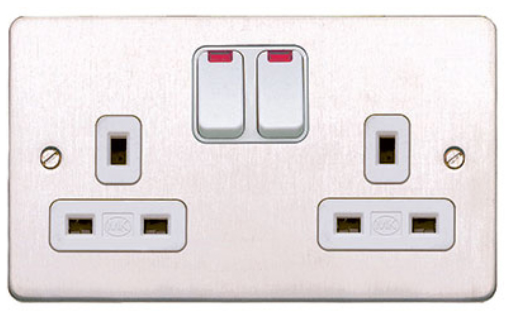 Socket, 2 Gang Switched DP Dual Earth, White Inserts