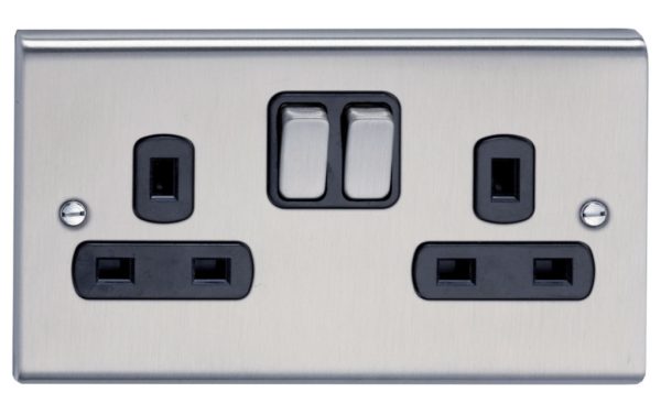 Socket, 2 Gang DP Switched, c/w Black Insert
