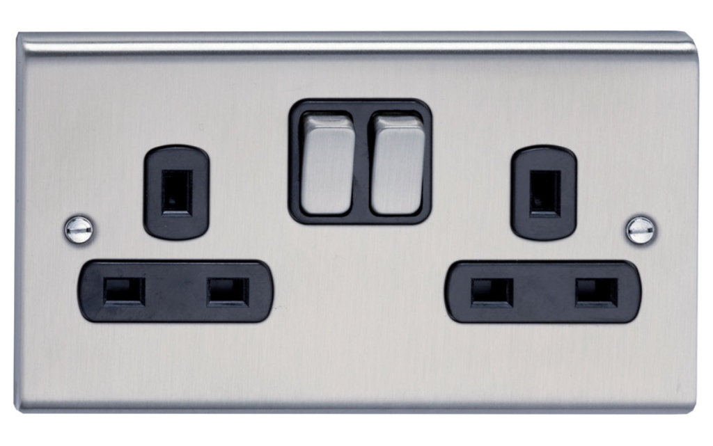 Socket, 2 Gang DP Switched, c/w Black Insert