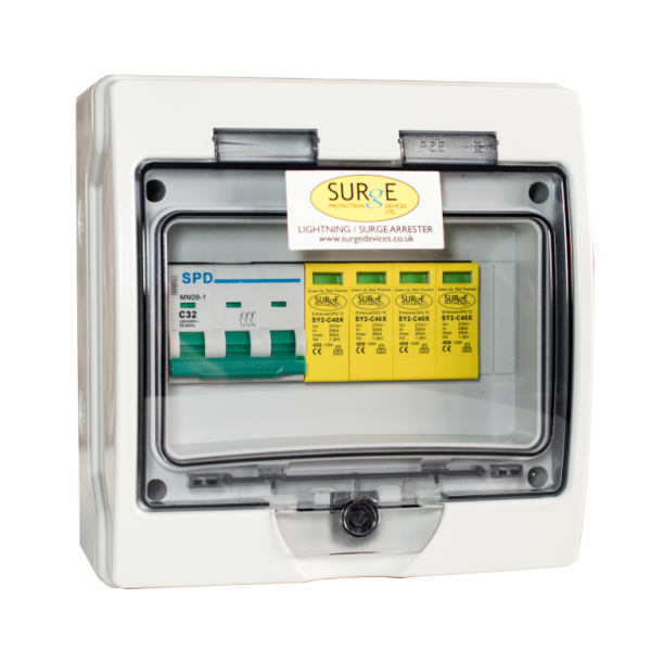 Surge Arrester, 3 Phase Type 2+3 Pluggable, c/w Polyc Enclosure & TP MCB IP65