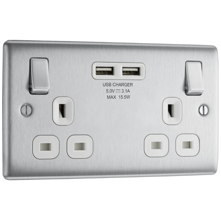 Socket, Switched 2 Gang c/w 2 USB, White Insert