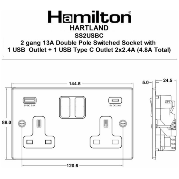 Socket, 2G DP Switched c/w USB+C Outlets, 2x2.4A White Insert - Image 2