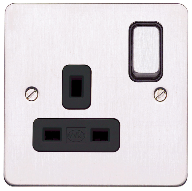 Socket, 1 Gang Switched DP Dual Earth, Black Inserts