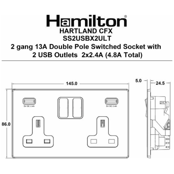 Hamln 74CSS2USBULTSS-W Socket USB 2G 13A - Image 3