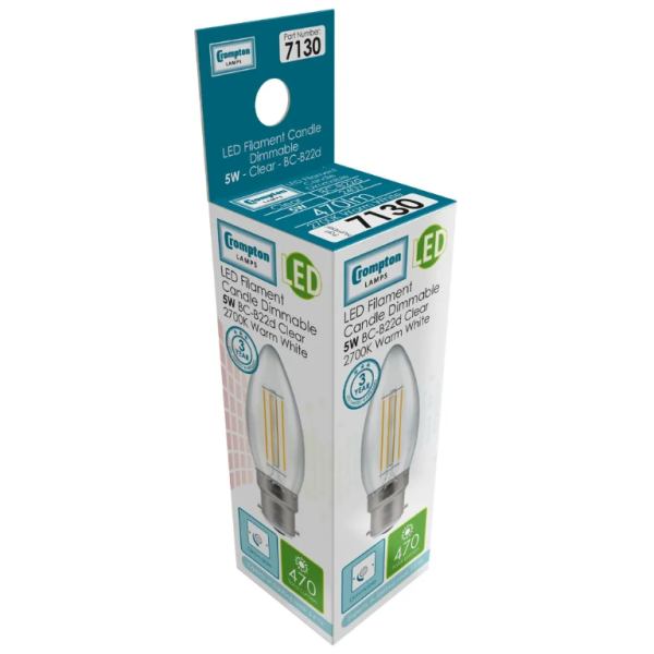 Crompton CLEAR LED Lamp Candle BC 5W W/W - Image 2